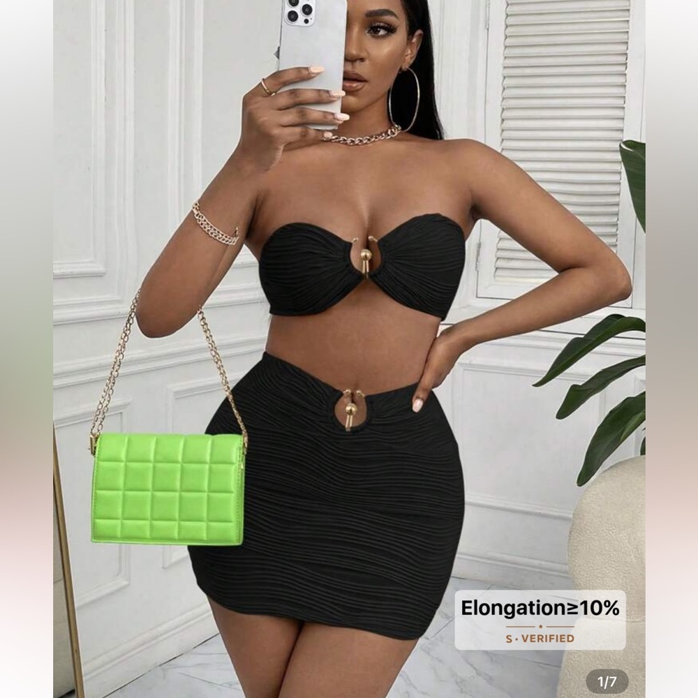 Black Ruched Two Piece Skirt Set - Black